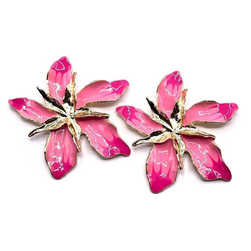 Yellow Gold with Pink Oil Drip Flower Post Back Statement Earrings